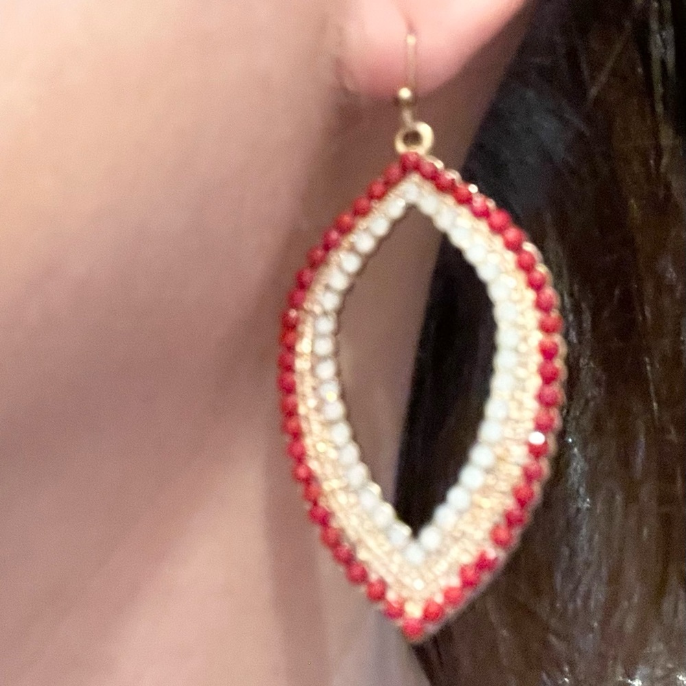 Teardrop Beaded Earrings - red, gold, & white